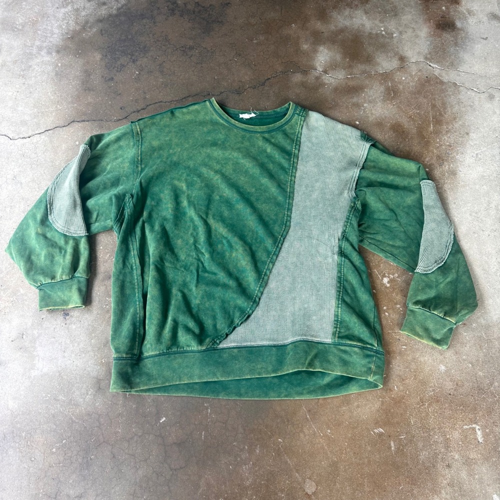 Ott Sweatshirt Women 1X/2X Green Excellent Acid Wash Thermal Mixed Media Patch